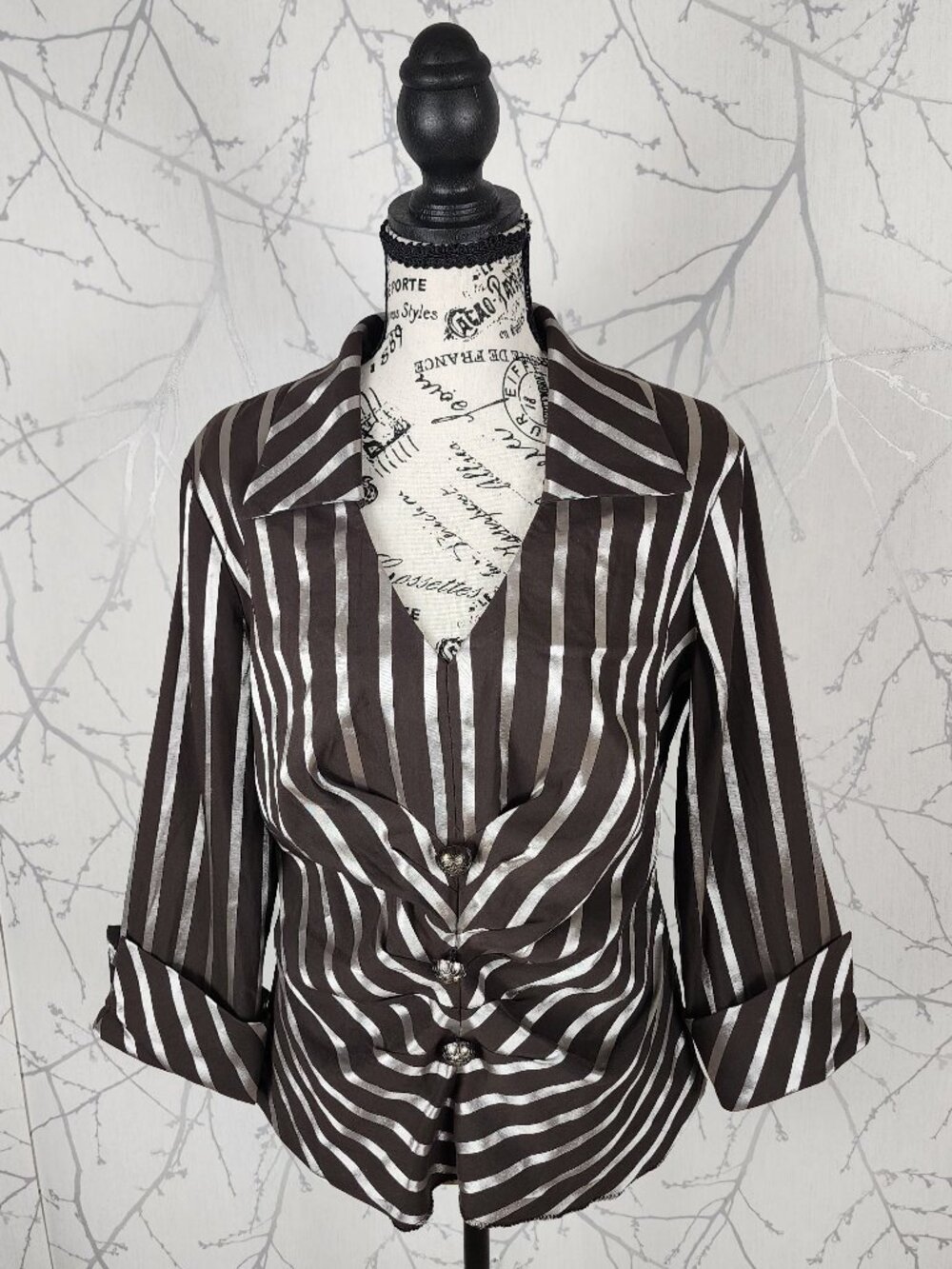 Joseph Ribkoff Brown Silver Stripe Ruched Side Zip Blouse